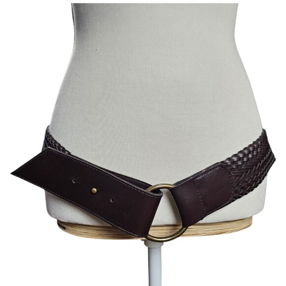 Women's New Woven Braided Vegan Leather Brown Wide V Waist Hip Statement Belt - Picture 1 of 6